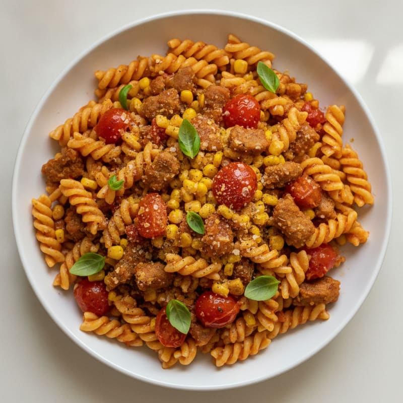 Tempeh and Corn Pasta with Tomatoes