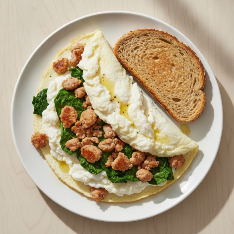Egg White Omelette with Turkey Sausage and Sautéed Spinach