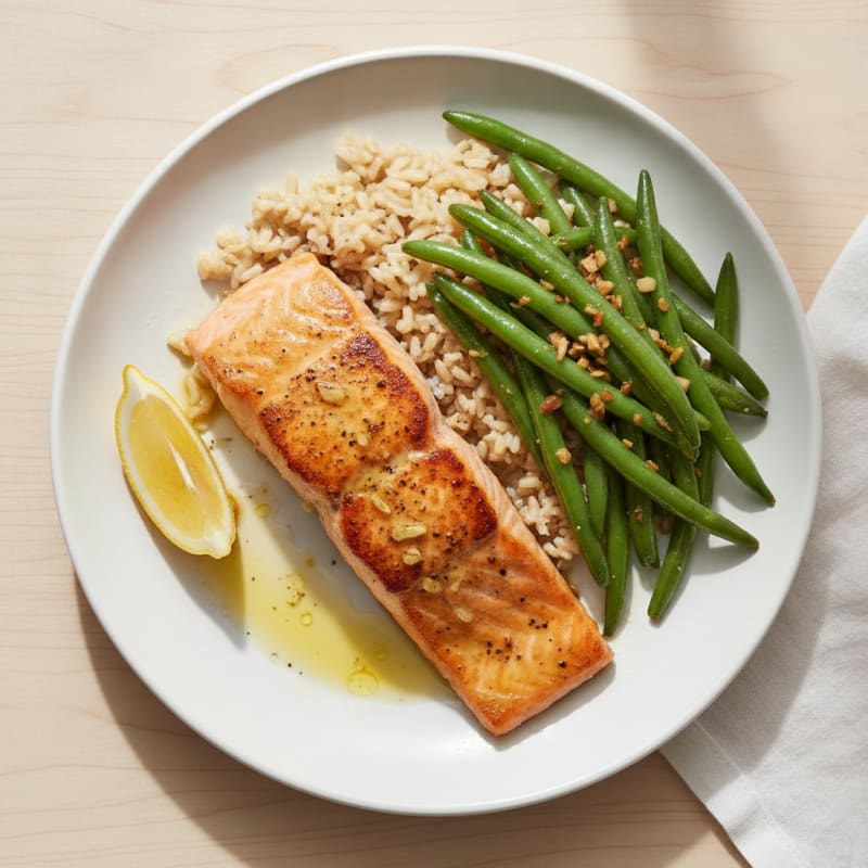 Seared Salmon with Garlic Green Beans and Brown Rice