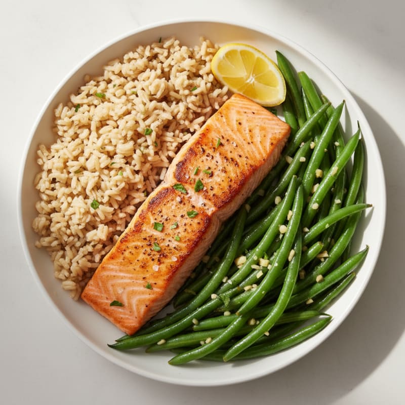 Seared Salmon with Garlic Green Beans and Brown Rice