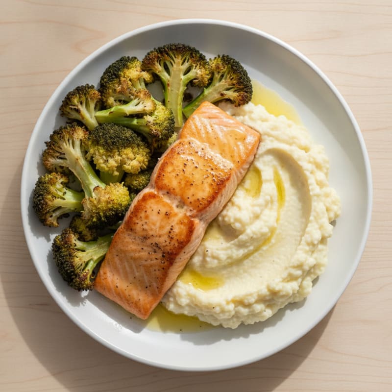 Seared Salmon with Roasted Broccoli and Garlic Mash