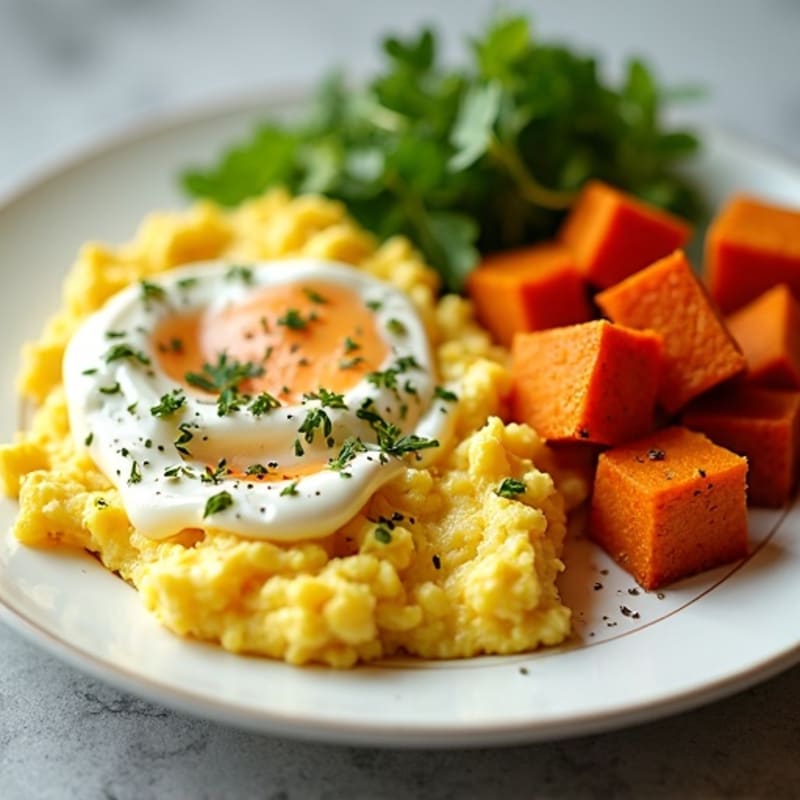 Scrambled Eggs with Greek Yogurt and Roasted Sweet Potato Cubes