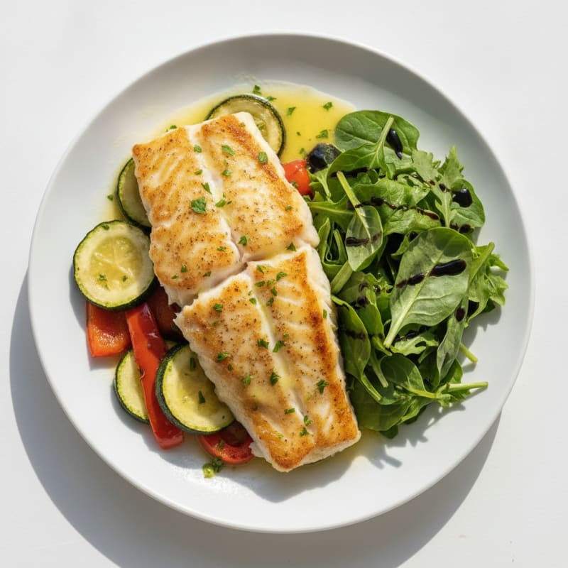 Seared Fish Fillet with Roasted Vegetables and Lemon Herb Sauce
