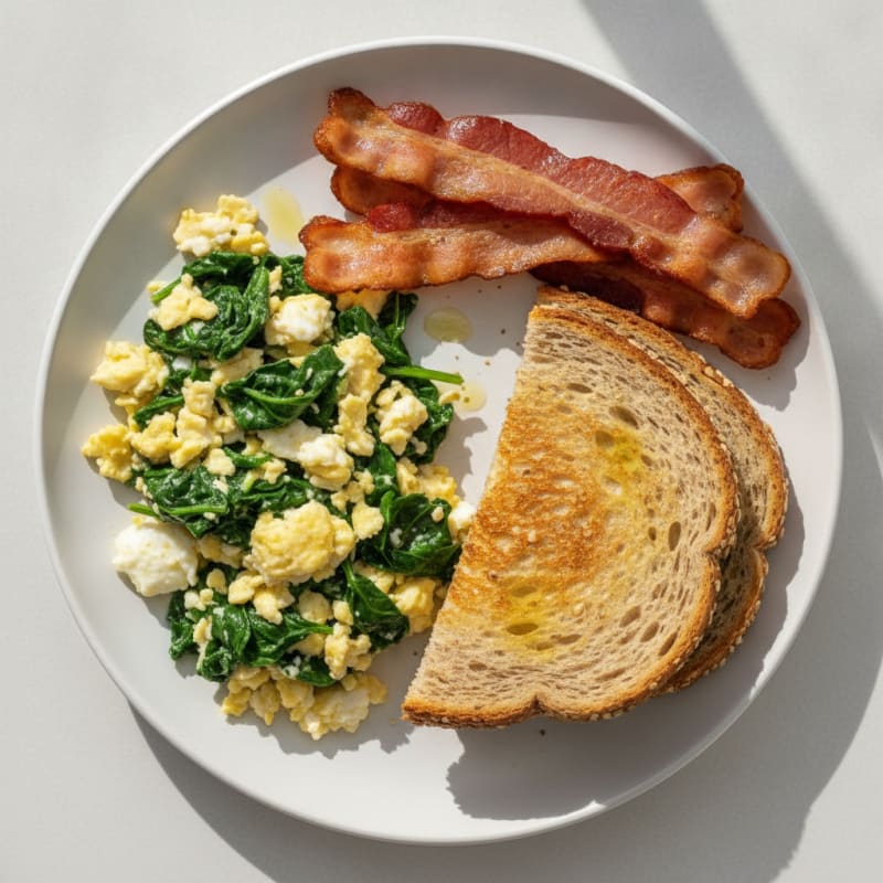 Crispy Turkey Bacon and Egg White Scramble with Sautéed Spinach