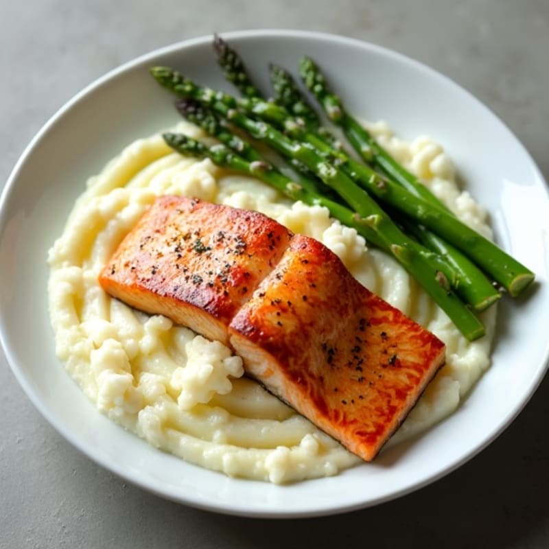 Seared Salmon with Steamed Asparagus and Cauliflower Mash