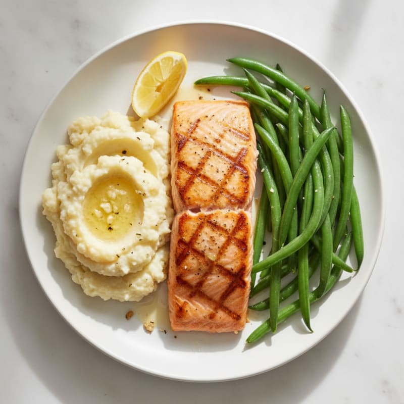 Seared Salmon with Steamed Green Beans and Garlic Mashed Cauliflower