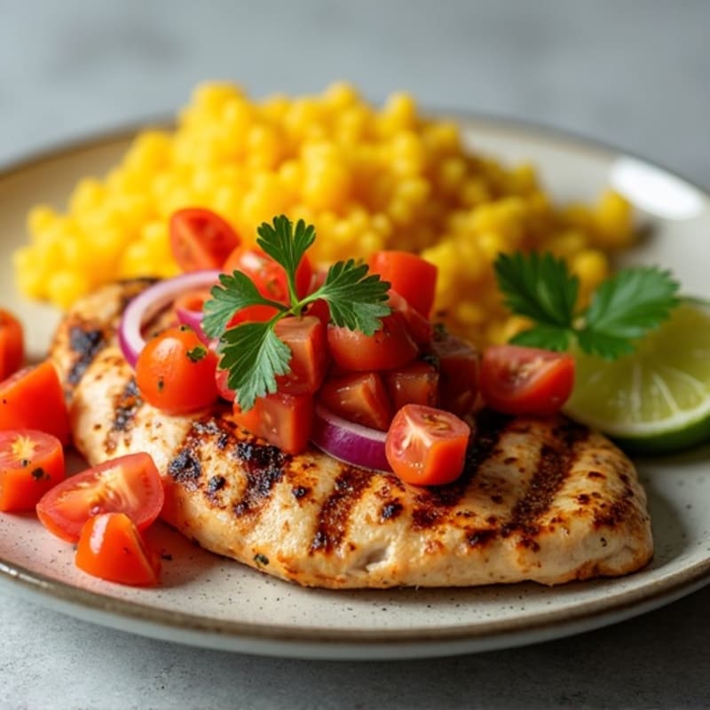Grilled Chicken Breast with Tangy Tomato Salsa and Steamed Yuca