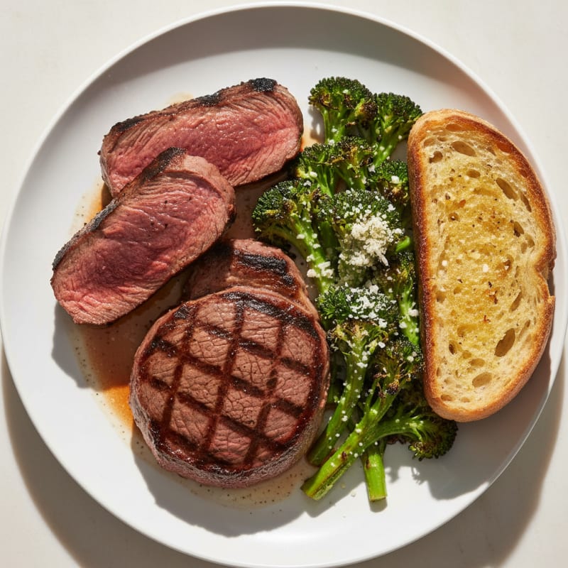 Grilled Venison and Steak Platter with Roasted Broccoli and Garlic Bread