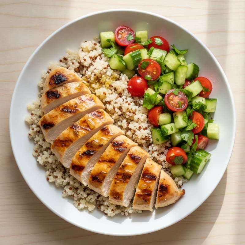 Grilled Chicken Breast with Quinoa and Crunchy Cucumber Tomato Salad