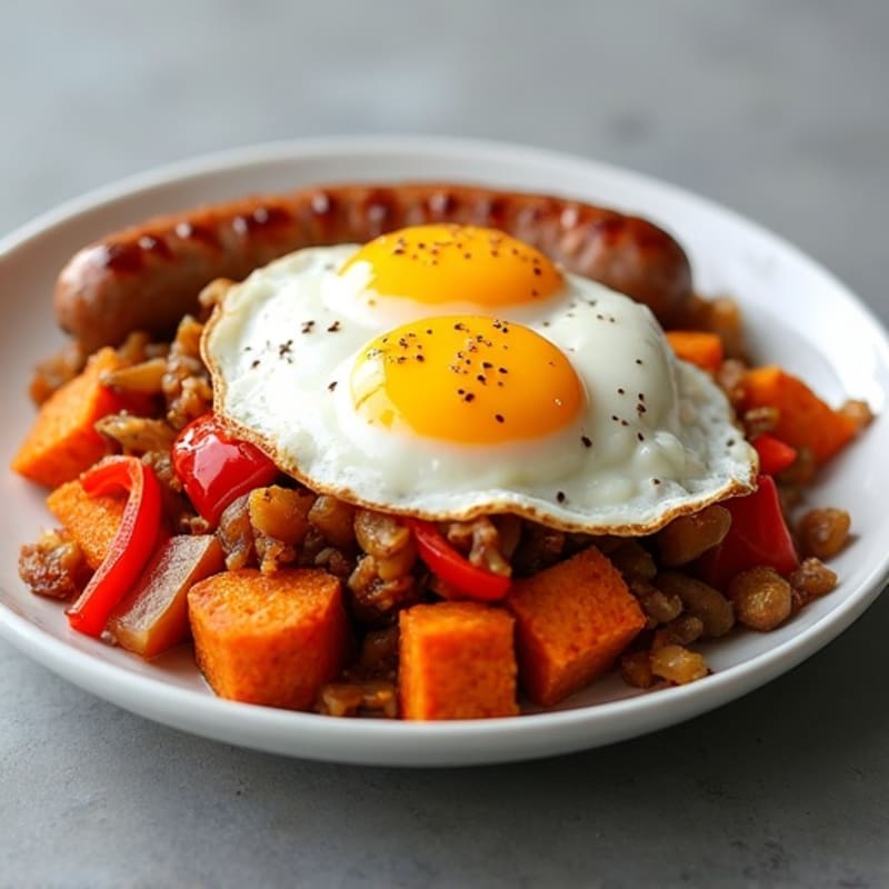 Crispy Sweet Potato Hash with Sunny-Side Up Eggs and Savory Turkey Sausage