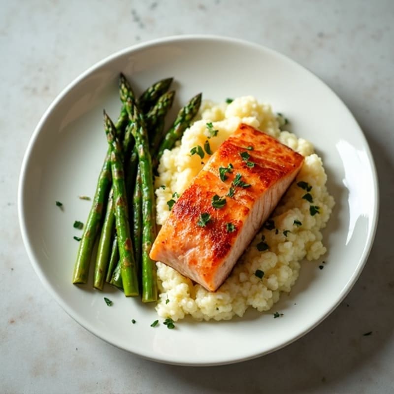 Seared Salmon with Roasted Asparagus and Cauliflower Mash