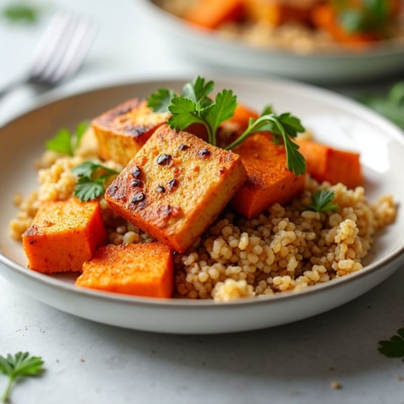 Crispy Baked Tofu with Roasted Sweet Potato and Quinoa