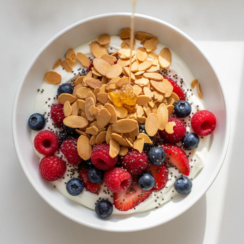 Greek Yogurt Protein Parfait with Mixed Berries and Almonds