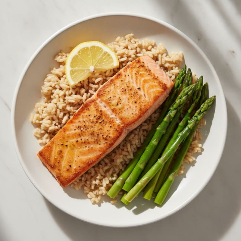 Seared Salmon with Steamed Asparagus and Brown Rice