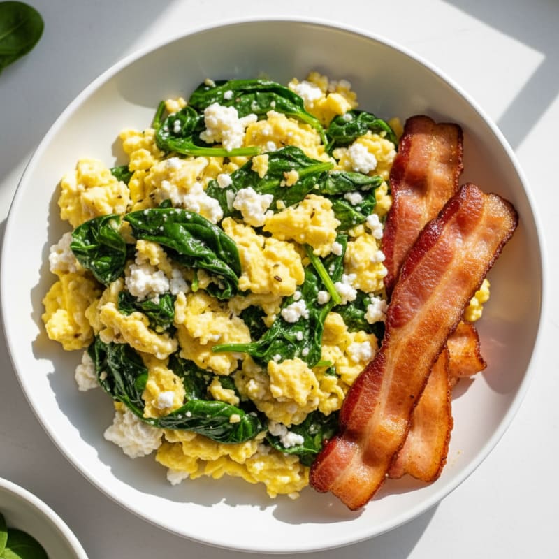 Cottage Cheese Egg Scramble with Spinach and Turkey Bacon