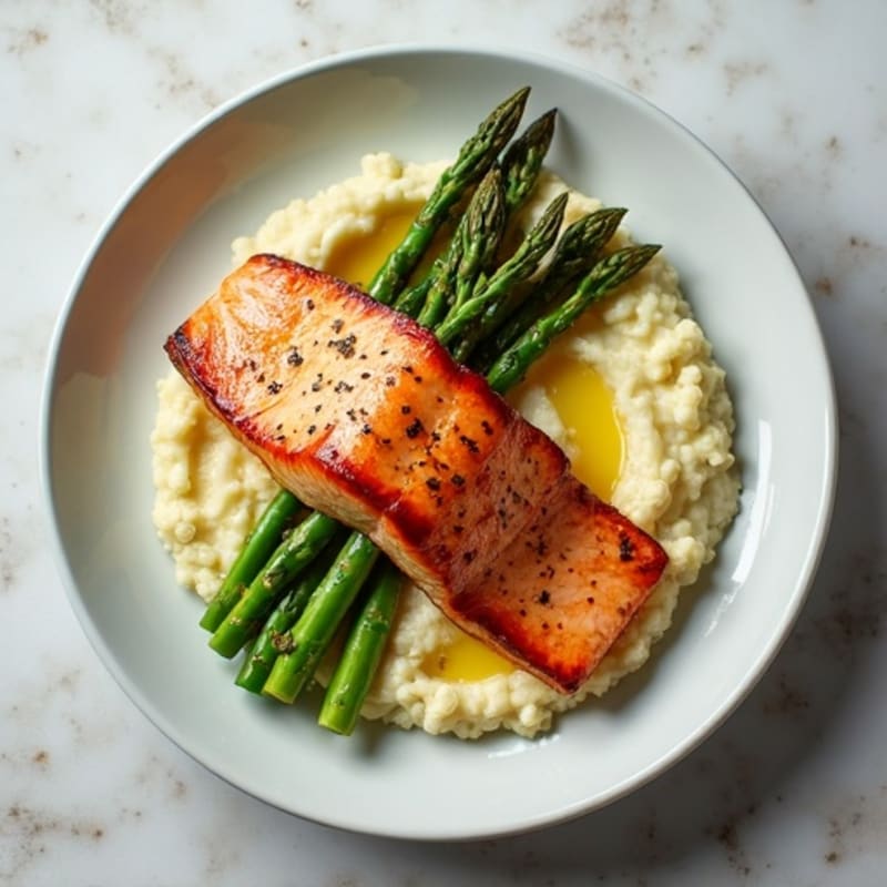 Seared Salmon Fillet with Roasted Asparagus and Cauliflower Mash