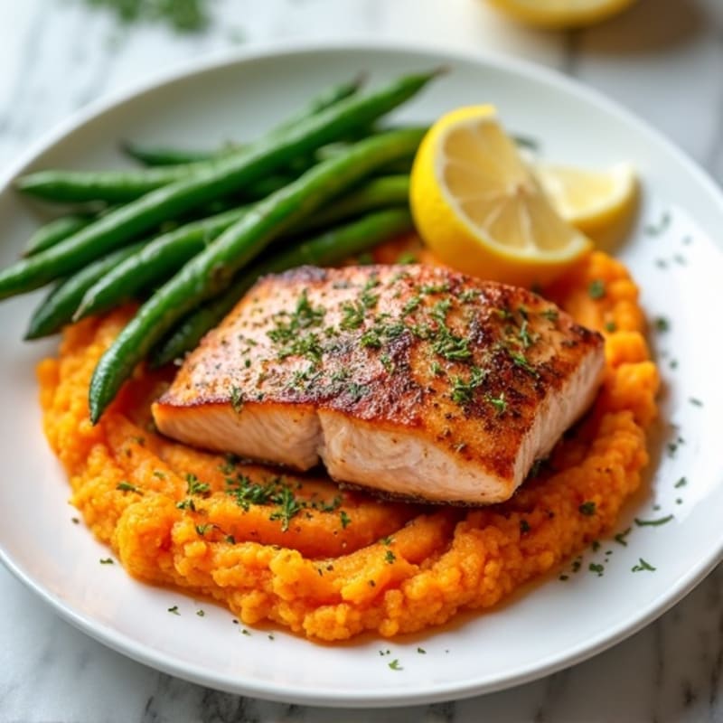 Seared Salmon with Garlic Green Beans and Sweet Potato Mash