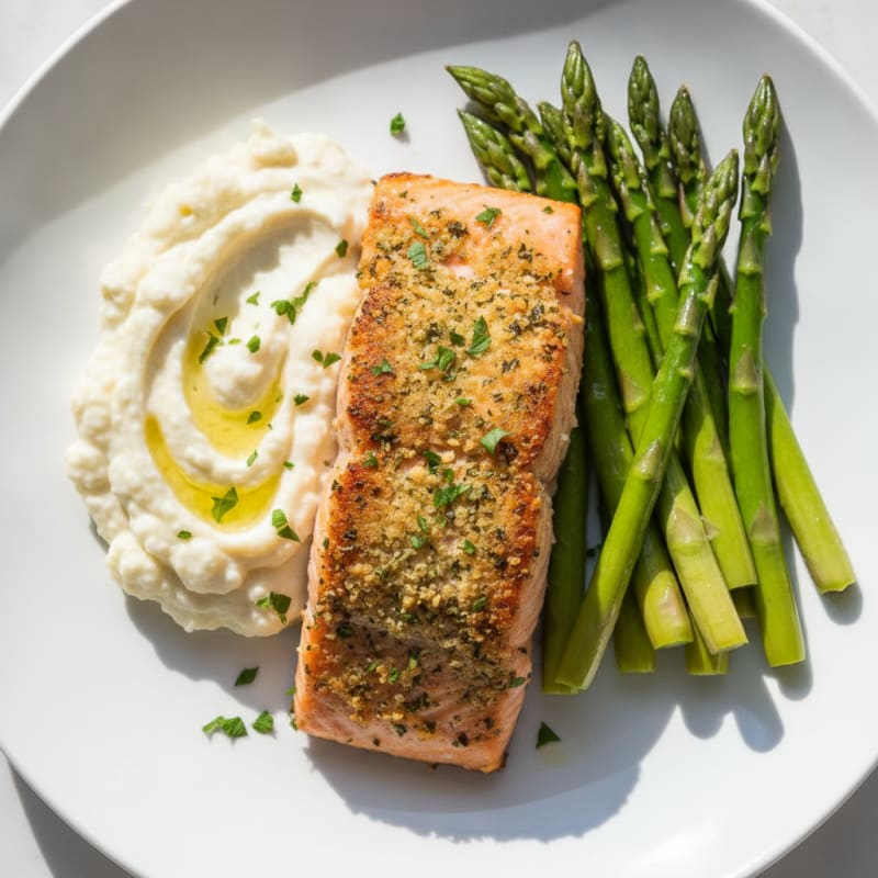 Seared Herb-Crusted Salmon with Steamed Asparagus and Garlic Mashed Cauliflower
