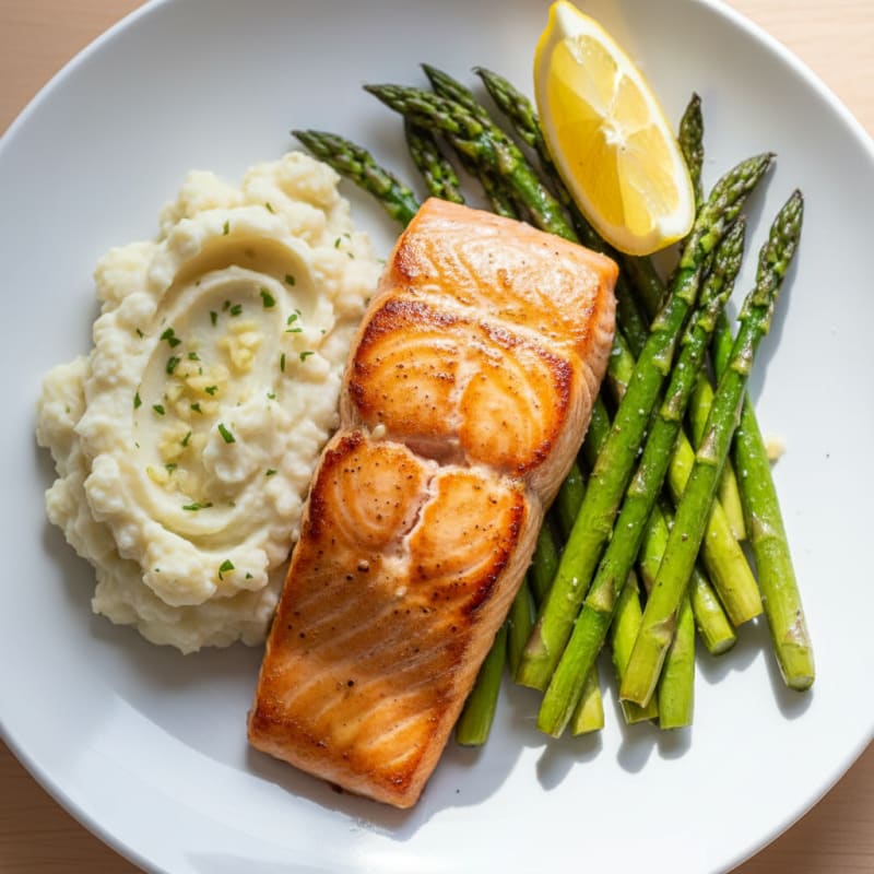 Seared Salmon with Roasted Asparagus and Garlic Mashed Cauliflower