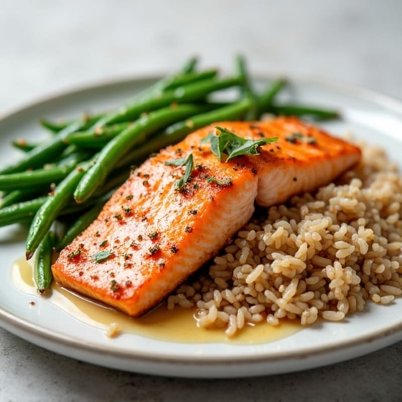 Seared Salmon Fillet with Garlic Green Beans and Brown Rice