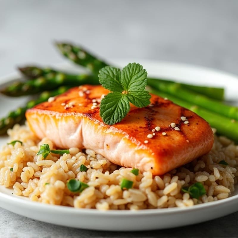 Seared Salmon with Steamed Asparagus and Brown Rice