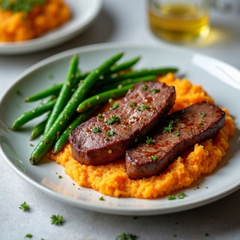 Seared Lean Beef Strips with Garlic Green Beans and Sweet Potato Mash