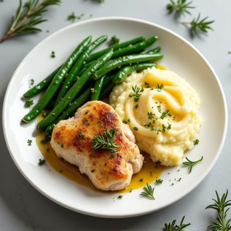 Pan-Seared Garlic Herb Chicken with Creamy Mashed Potatoes and Roasted Green Beans