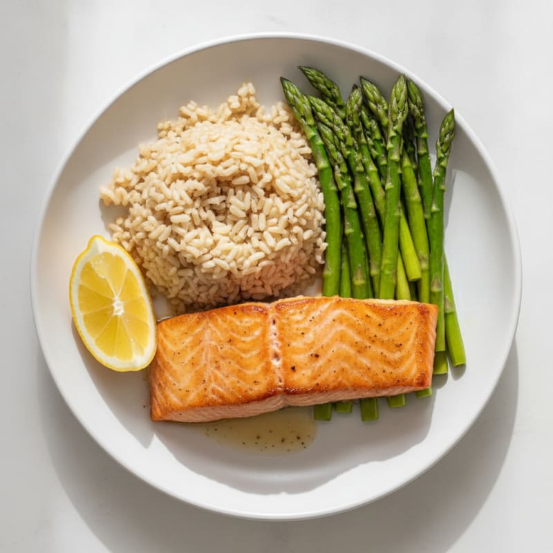 Seared Salmon with Steamed Asparagus and Brown Rice