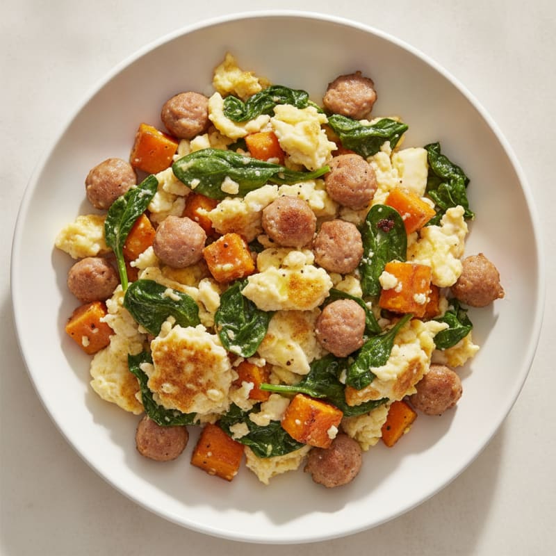 Egg White and Turkey Sausage Scramble with Spinach and Sweet Potato