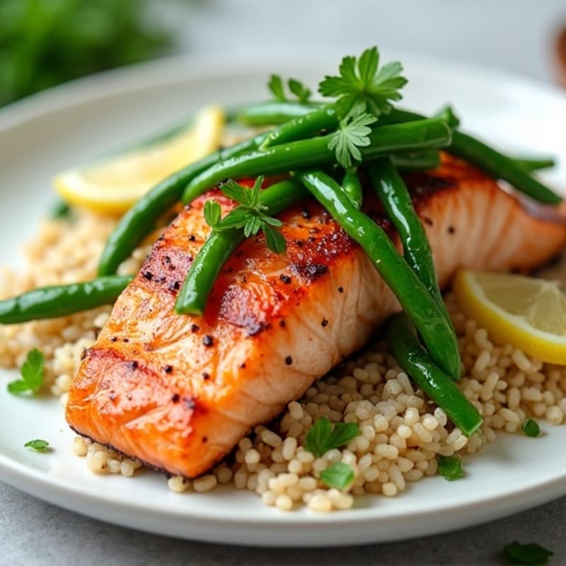 Seared Salmon with Garlic Green Beans and Brown Rice