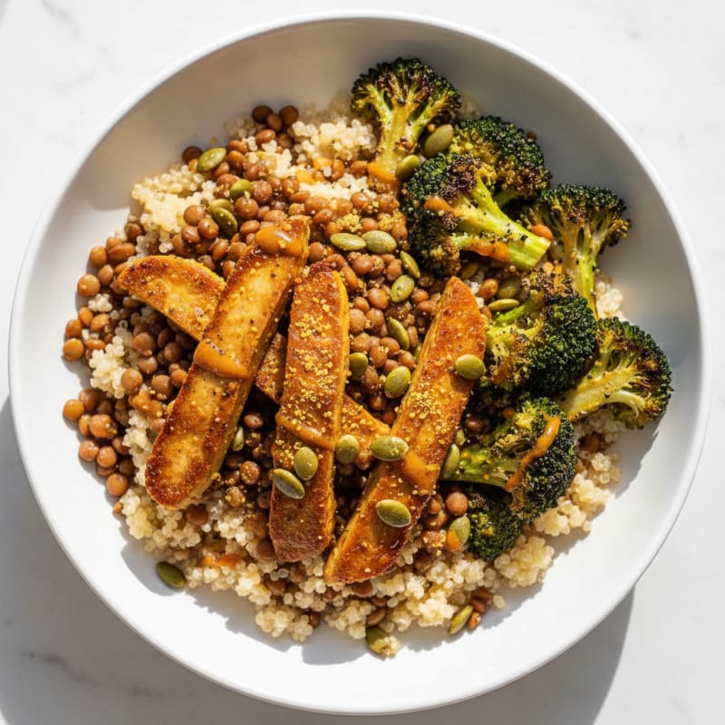 Crispy Lentil and Quinoa Power Bowl with Roasted Broccoli and Pumpkin Seeds