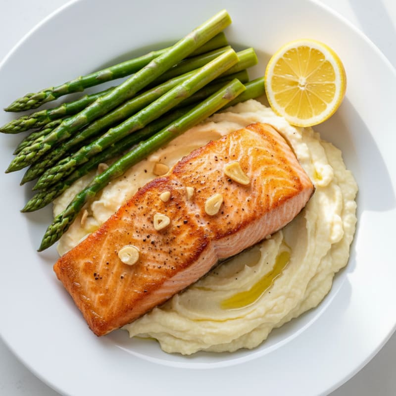 Seared Salmon Fillet with Steamed Asparagus and Cauliflower Mash