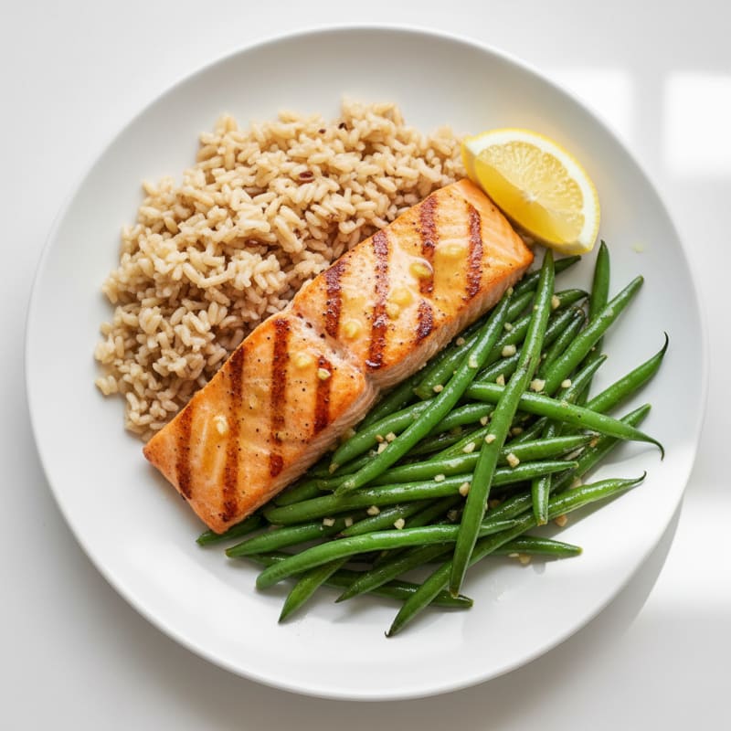 Seared Salmon with Garlic Green Beans and Brown Rice