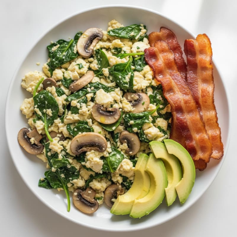 Egg White Spinach Scramble with Turkey Bacon and Sautéed Mushrooms