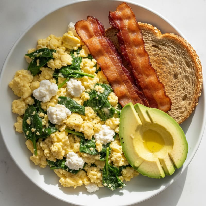 Cottage Cheese Scramble with Spinach and Turkey Bacon