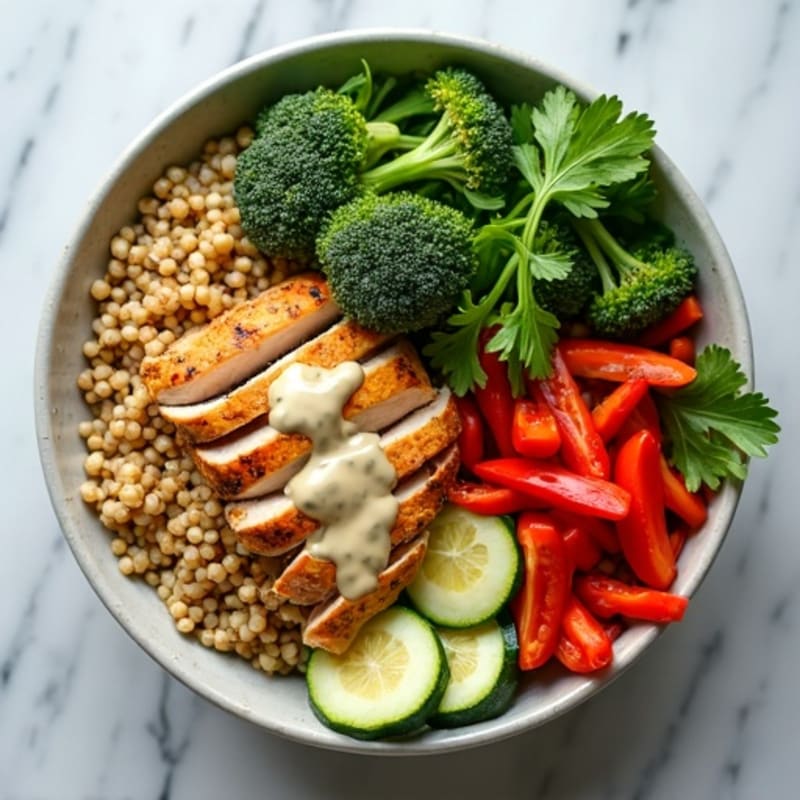 Roasted Chicken and Veggie Power Bowl with Creamy Tahini Dressing