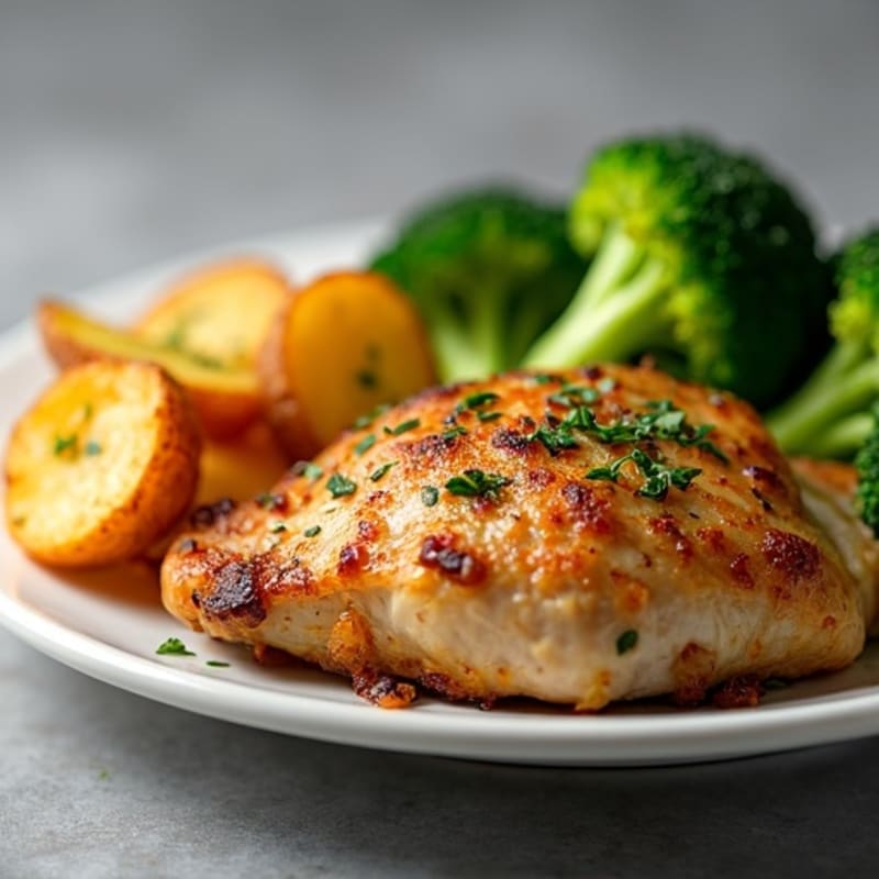 Herb-Roasted Chicken Thighs with Crispy Potato Wedges and Steamed Broccoli