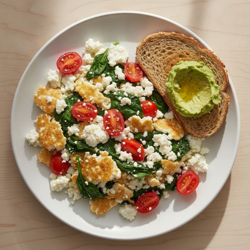 Cottage Cheese and Egg White Scramble with Spinach and Tomatoes