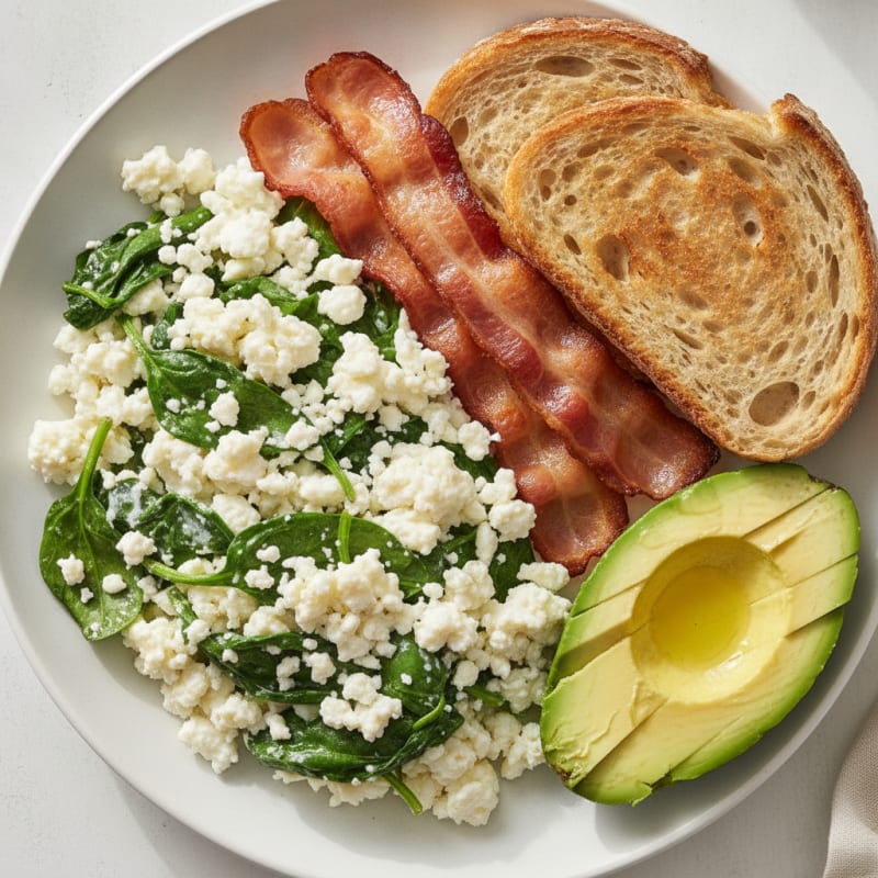 Crispy Turkey Bacon and Egg White Scramble with Cottage Cheese and Sautéed Spinach