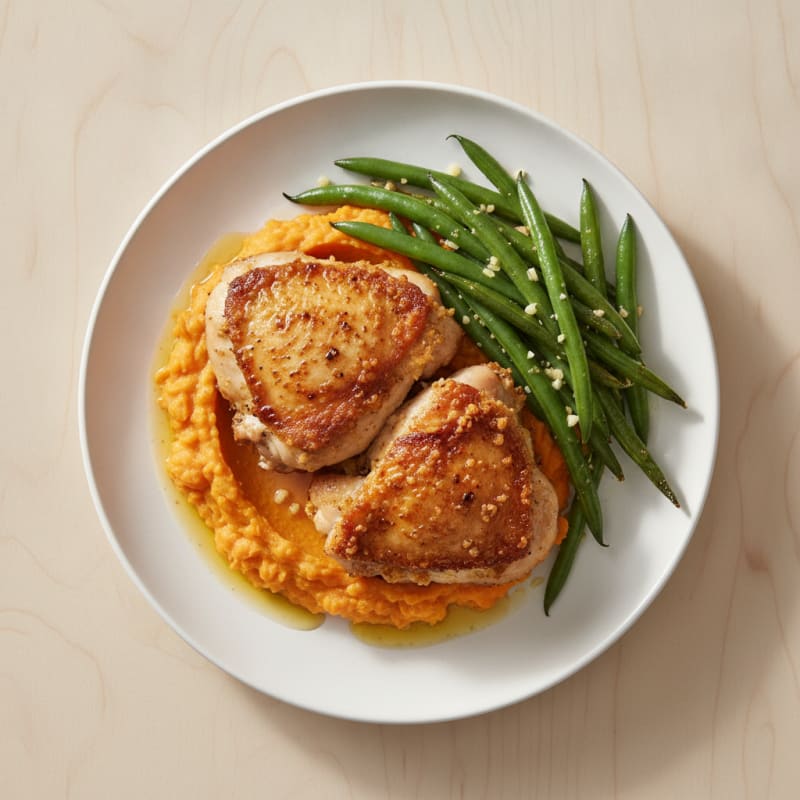 Seared Chicken Thighs with Garlic Green Beans and Sweet Potato Mash