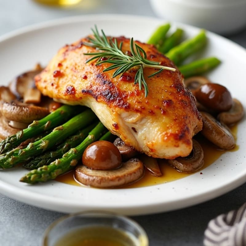 Garlic Herb Roasted Mushrooms with Crispy Chicken Thighs and Asparagus