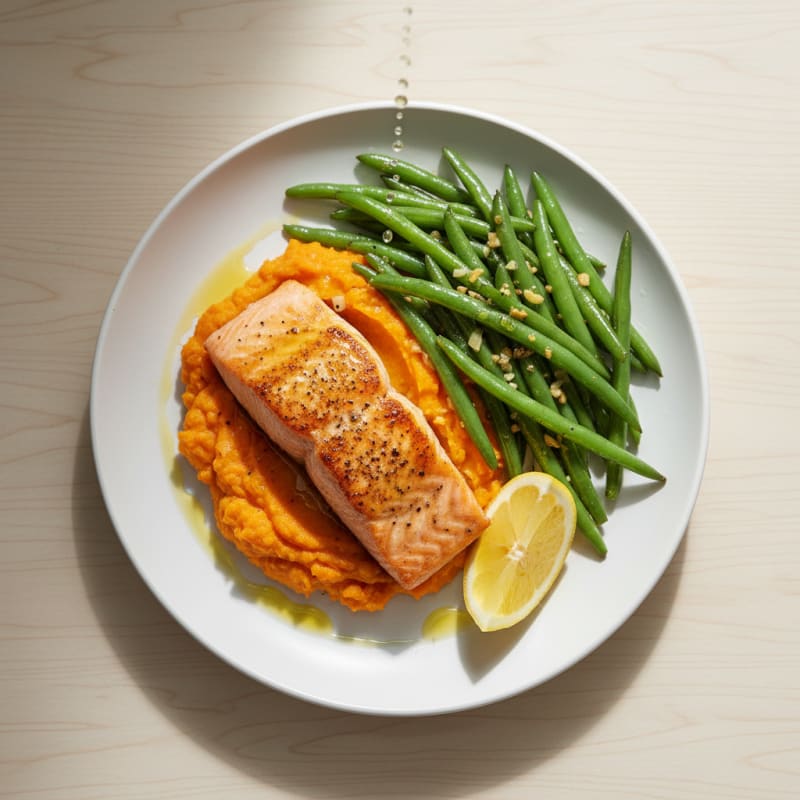 Seared Salmon Fillet with Garlic Green Beans and Mashed Sweet Potatoes