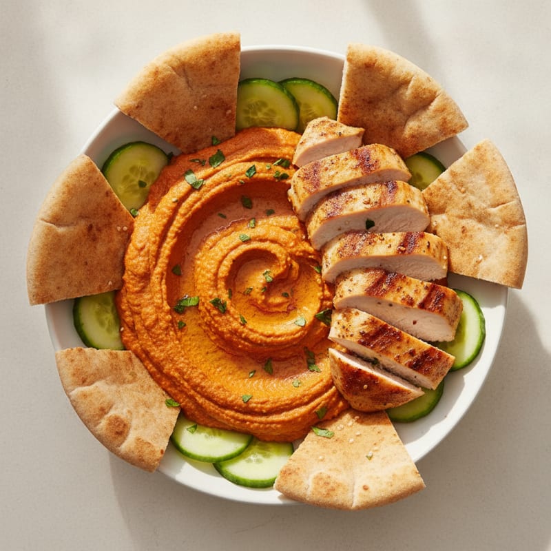 Roasted Red Pepper Hummus with Warm Pita and Chicken
