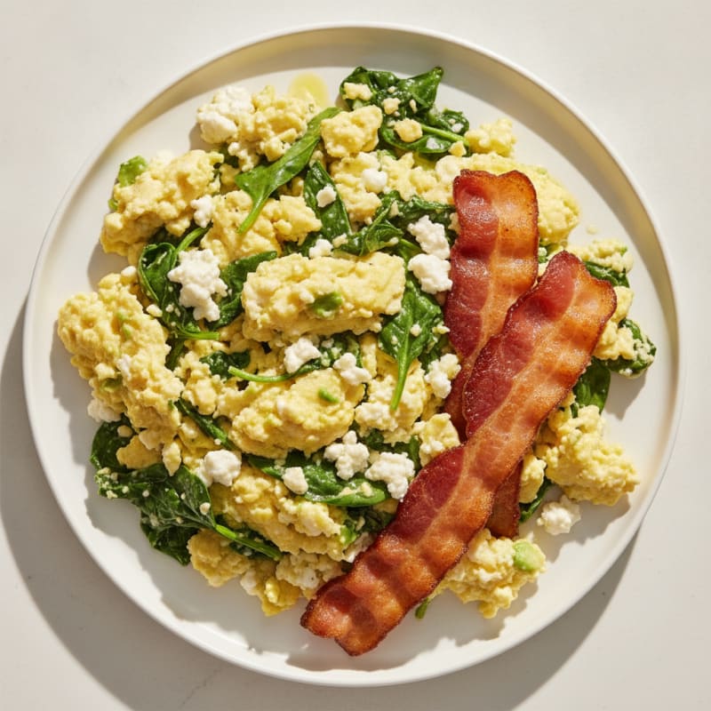 Cottage Cheese Egg Scramble with Spinach and Turkey Bacon