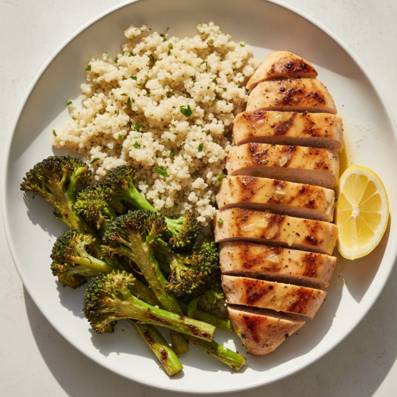 Grilled Chicken Breast with Quinoa and Roasted Broccoli