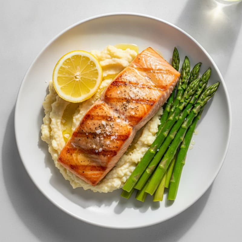 Seared Salmon with Steamed Asparagus and Cauliflower Mash