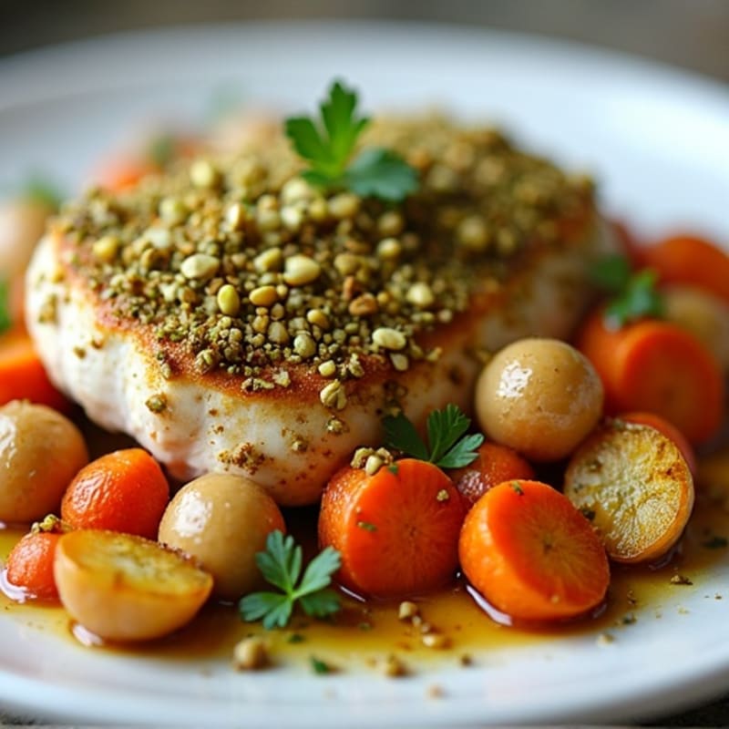 Pistachio-Crusted Chicken with Roasted Root Vegetables and Creamy Tahini Drizzle