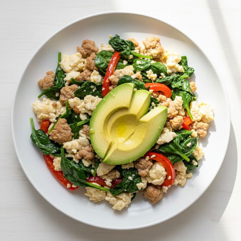 Egg White and Turkey Sausage Scramble with Sautéed Spinach
