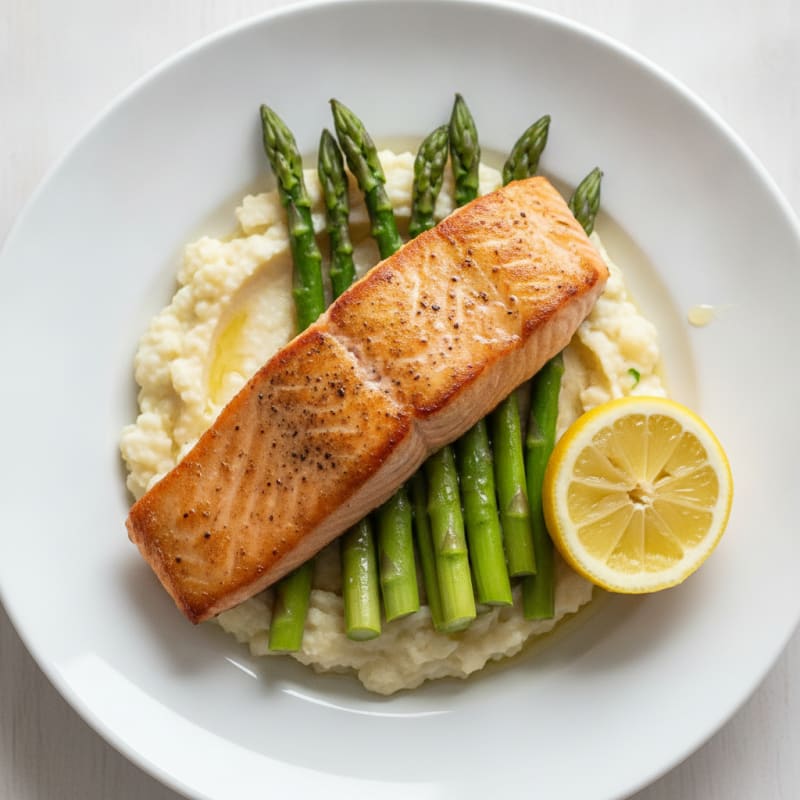 Seared Salmon with Steamed Asparagus and Cauliflower Mash