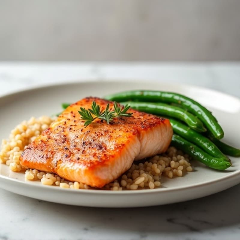 Seared Salmon with Steamed Green Beans and Brown Rice